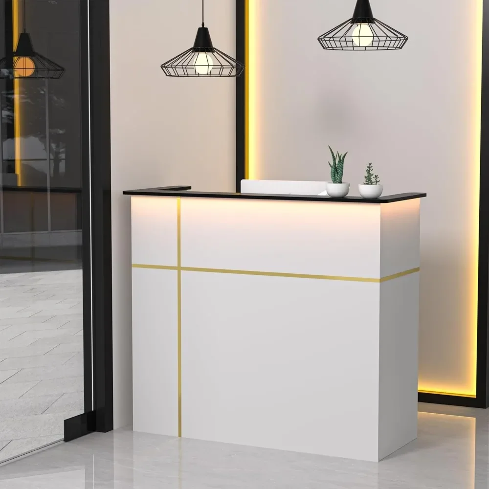 Reception Desk with Counter, Modern Front Table Equipped Lockers & Storage Shelves, 50-inch Checkout Counter with LED Lights