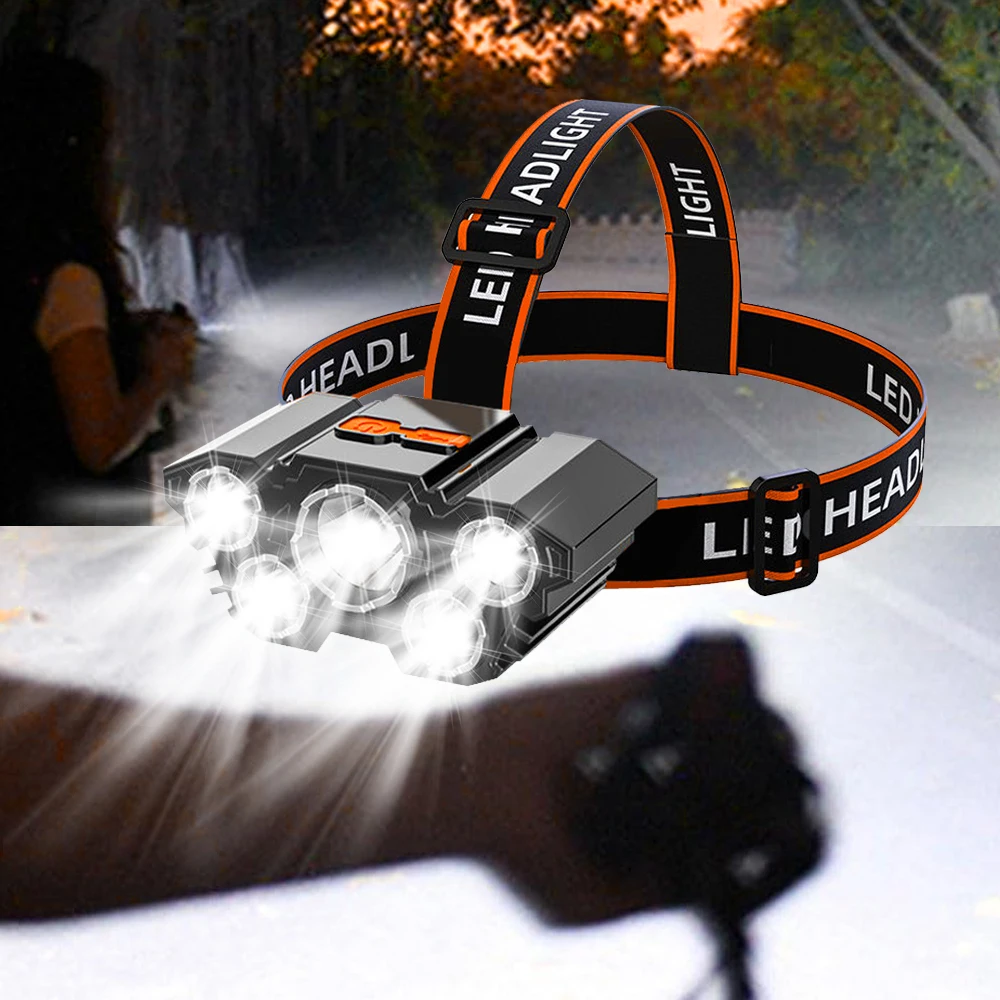 Linterna frontal LED recargable por USB, 5 cuentas de lámpara, 4 modos, batería de litio recargable incorporada, faro ligero, diadema elástica