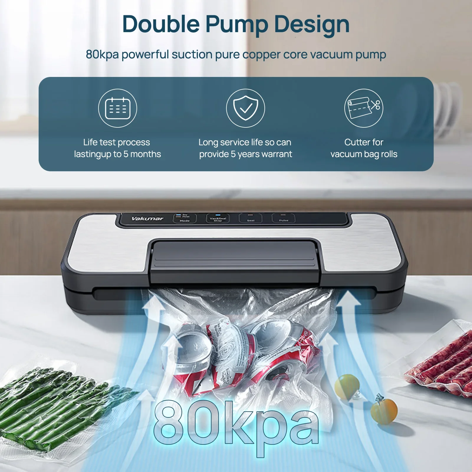 Vakumar VH1506 เครื่องซีลสูญญากาศ sous vide Handle type 80Kpa มัลติฟังก์ชั่นและสะดวกเครื่องซีลสูญญากาศในครัวเรือน