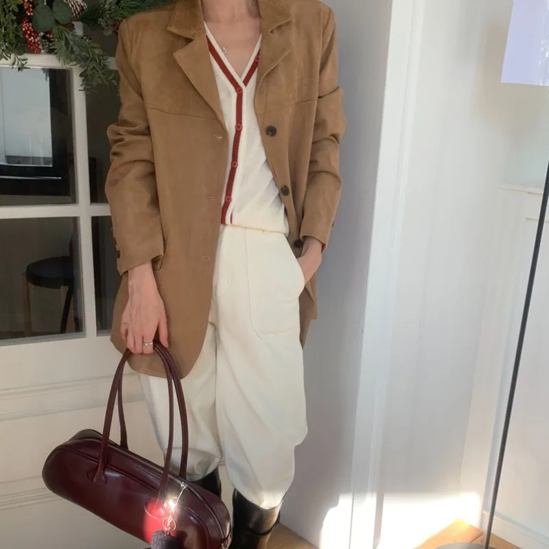 Jaqueta de Couro Casual Fena Estilo Coreano Retrô, Solta, com Padrão Xadrez, Manga Longa, Fechamento com Um Botão