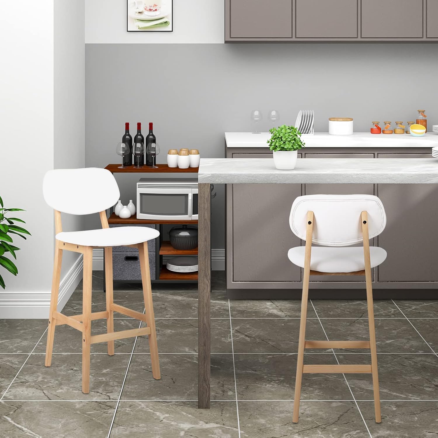 Juego Taburetes de Bar Bien Acolchado Asiento y Respaldo de Cuero Artificial Silla Diseño Madera Blanco