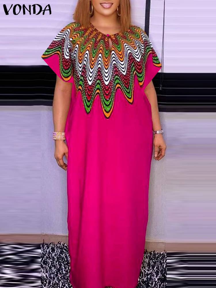Vonda-女性用マキシロングドレス,ラージサイズ,ヴィンテージ,半袖,プリントパーティー,カジュアル,ルーズドレス,特大,夏