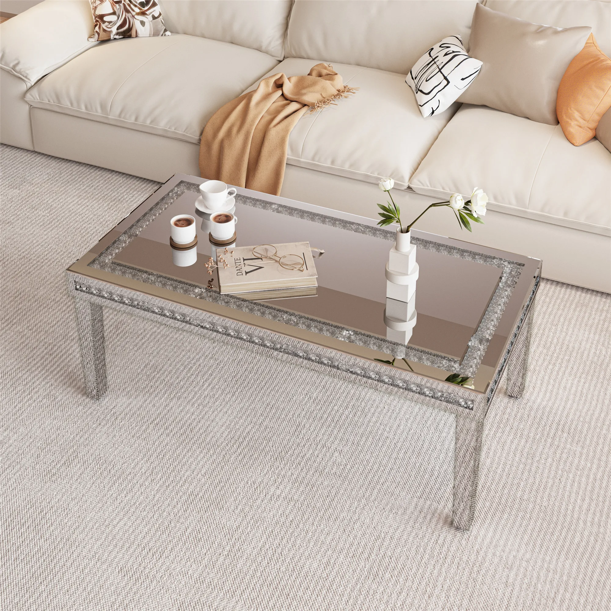 Grande mesa de centro retangular de cristal espelhada com diamante para móveis de sala de estar