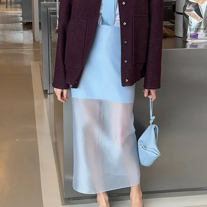 Tornove See Through High Waist Skirt Women's Summer New Casual Commuting Sexy Skirt 2025 Fashion Lady Splice Long Straight Skirt