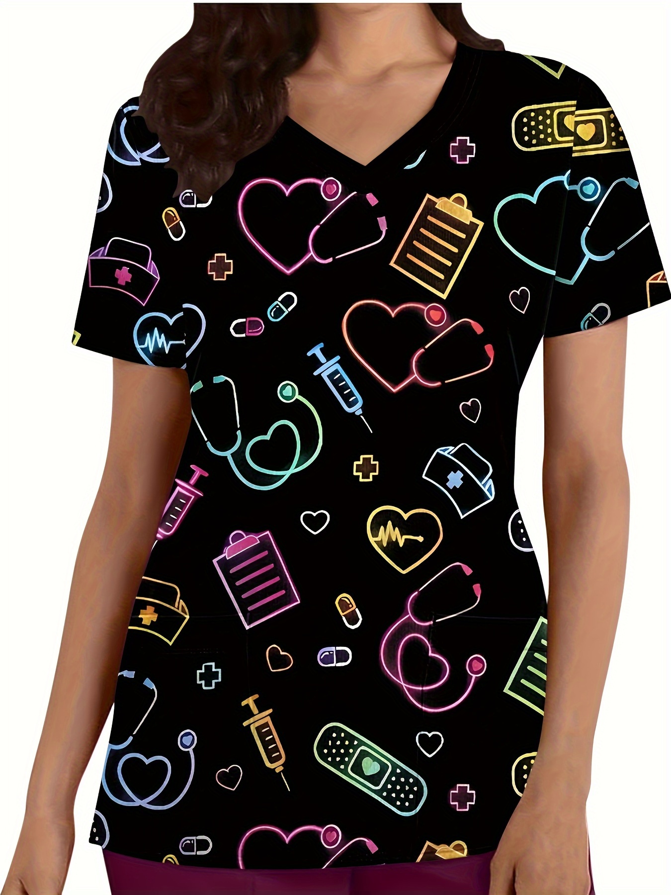 Uniformes cirúrgicos mulher coração impresso com decote em v enfermeiras topos manga curta remendo bolso uniformes médicos uniformes cirúrgicos enfermagem