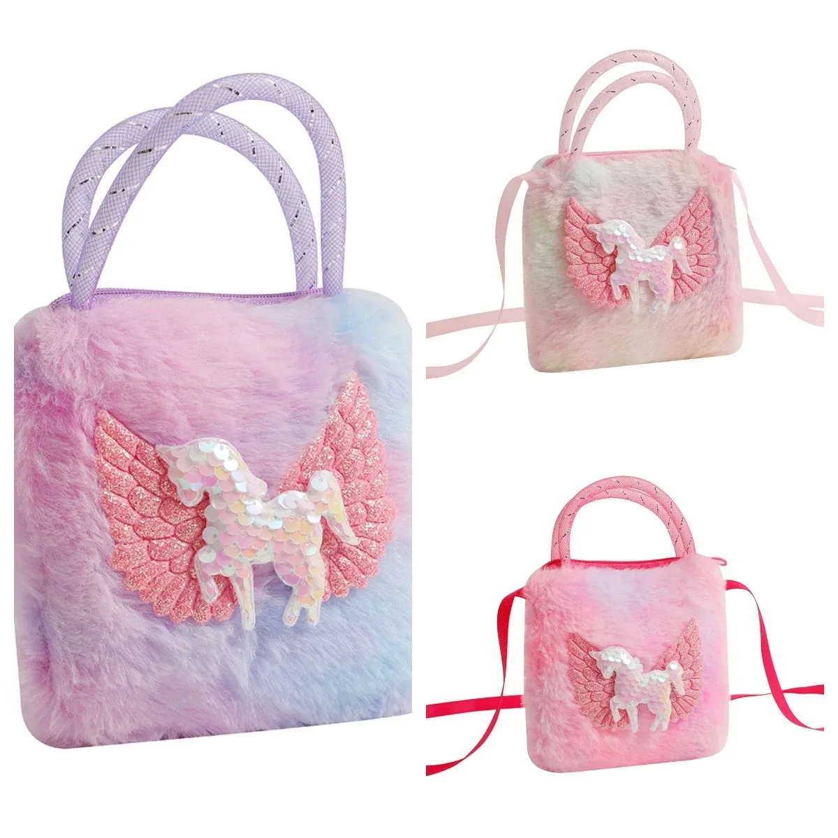 Dziecięca pluszowa torebka na ramię z motywem jednorożca, dziewczęca torebka crossbody, portmonetka dla dzieci, mała kwadratowa torebka, mini portfelik.