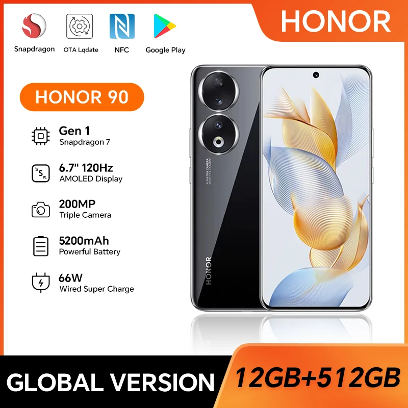 New Global Version HONOR 90 5G 200MP Ultra-Clear Camera Snapdragon 7 Gen 1 5000mAh Battery Life 66W Supercharger 120Hz Display