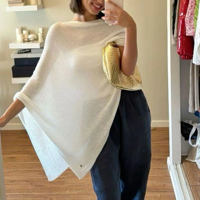 Combhasaki femmes tricots Bikini cache transparent solide épaules nues irrégulière Triangle ourlet ample pull été plage hauts