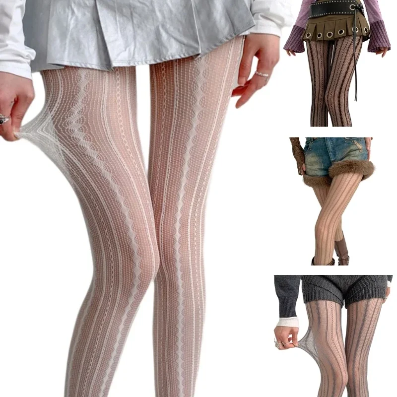 Women Vintage Solid Fishnet Lace Pattern Tights Stockings Hollowed Rhombus Striped Geometric Jacquard Pantyhose Leggings