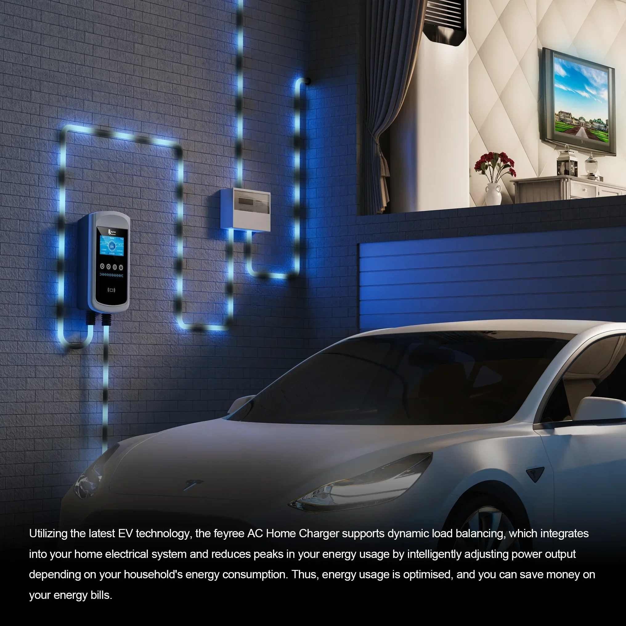 Feyree Typ2 EV-Ladegerät, 4,3-Zoll-Bildschirm, 32 A, 7,6 kW, dynamische Lastbeschlagung, 11 kW, 22 kW, 3-Phasen-EVSE-Wallbox-App mit Ladegeschichte