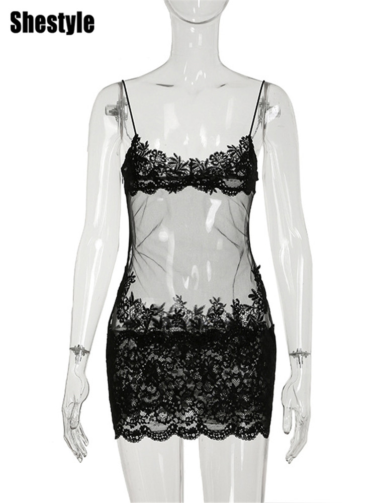 Shestyle-minivestido transparente de encaje para mujer, vestido Sexy envolvente con bordado de espagueti, funda de flores, ropa de dormir para discoteca, malla ondulada