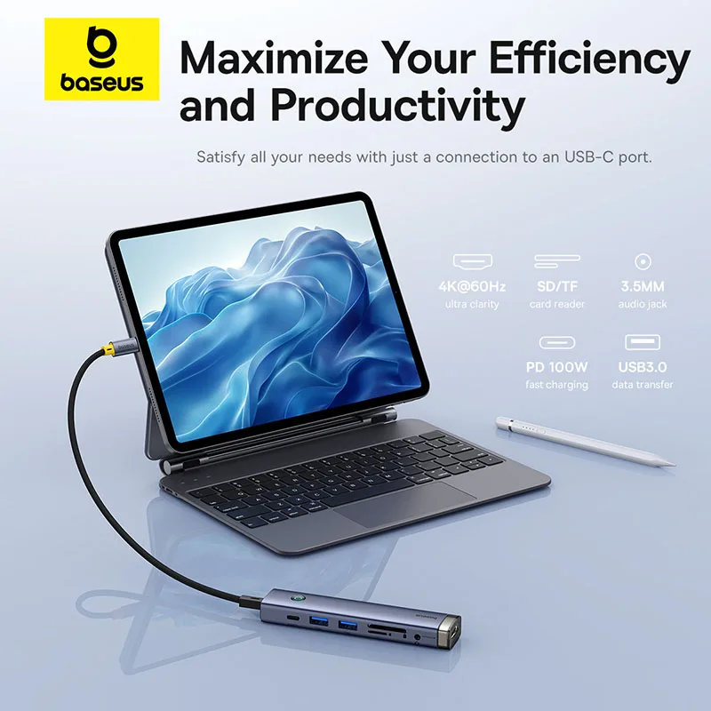 Baseus USB C Splitter to HDMI 4K@60Hz Display Type C 3.0 RJ45 PD 100W USB 3.0 SD TF USB C Docking Station for MacBook Pro Air
