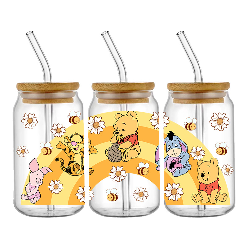 Disney Cartoon Bear Winnie the Pooh Pattern UV DTF Transfer Sticker Waterproof Transfers Decals For 16oz Glass Cup Wrap Stickers