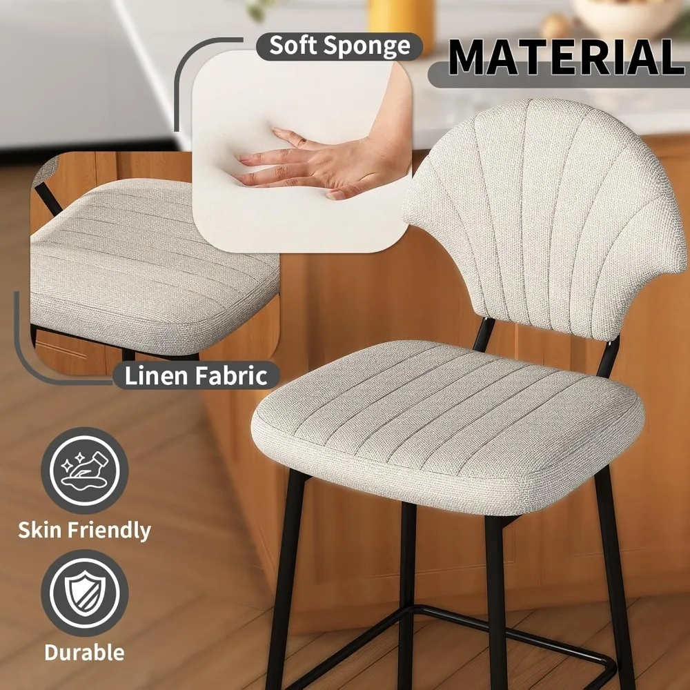 Bar Stools Set of 4, Counter Height BarStools with Shell-Shaped Backrest, Island Chairs with Metal Legs and Footrest, Modern Bar