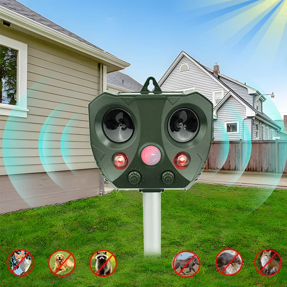 Wellenvertreiber mit variabler Frequenz für den Außenbereich, LED-Blitz-Mausvertreiber, Solarenergie und USB-Aufladung, geeignet für die Terrasse im Bauernhof, Garten
