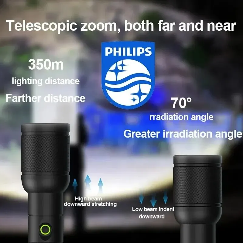 Philips-6168 Lanterna com Zoom Óptico, Lanterna Portátil, Tipo-C, 4 Modos de Iluminação, Autodefesa, Camping, Lanterna, 6168