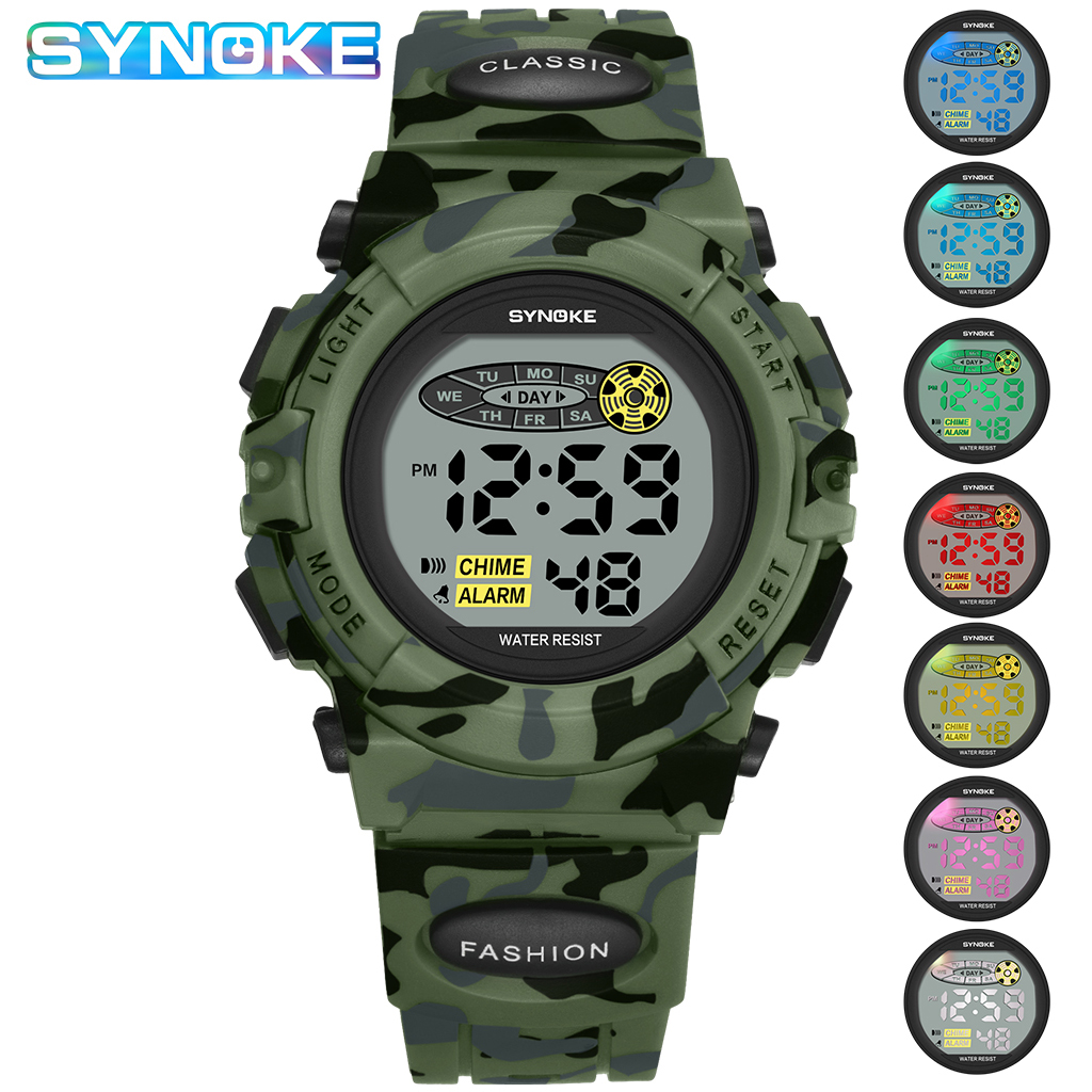 SYNOKE Student sporthorloge voor kinderen Kleurrijke elektronische horloges Waterdichte klok Kinderen digitaal horloge voor jongens Camouflage