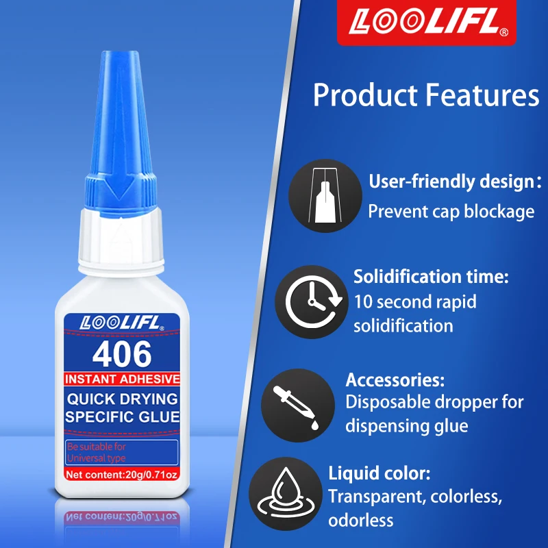 LOOLIFL 406 Super Colla Plastica Adesivo professionale Colla cianoacrilato trasparente Asciugatura rapida Inodore Incollaggio a lunga durata