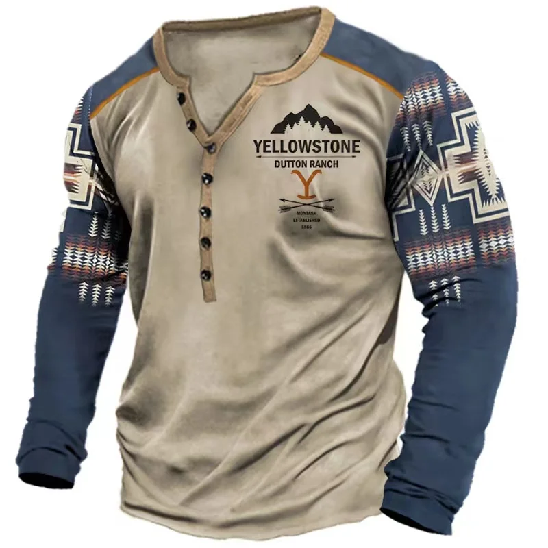ヴィンテージメンズ Tシャツイエローストーン国立公園長袖 Tシャツ米国ルート 66 レターグラフィック Tシャツ特大男性服トップス