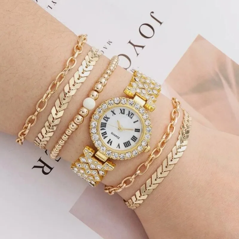 Conjunto de 5 uds de relojes de cristal completo para mujer, Reloj de pulsera con diamantes para mujer, Conjunto de pulsera de Reloj de moda de lujo, regalos de diamantes de imitación