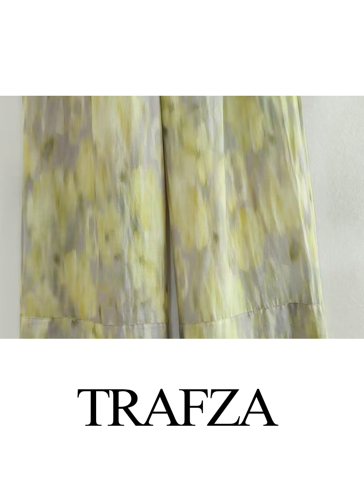 TRAFZA femme mode Vintage imprimé pantalon été femme cravate-teinture Patchwork taille haute nœud papillon taille élastique jambe large pantalon