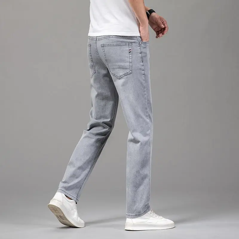Pantalones vaqueros elásticos de verano para hombre, moda gris, cómodos, rectos, elásticos, de algodón, informales, de marca, finos