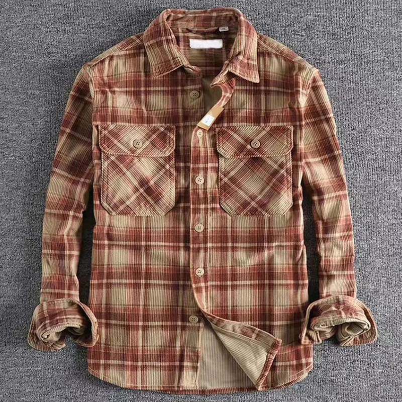 Camicia a maniche lunghe scozzese da uomo vintage giapponese Primavera Autunno Moda Confortevole velluto a coste Artistico Trendy Camicie classiche Top