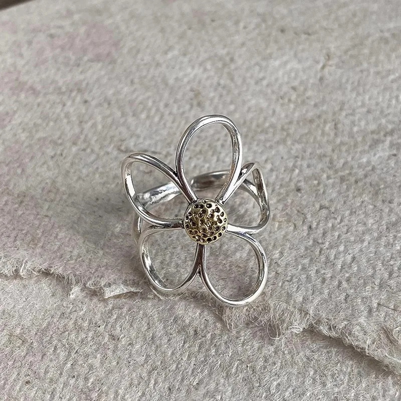 925 แหวนเงินสเตอร์ลิงสําหรับผู้หญิงคู่ Minimalist Handmade ดอกไม้ขนาดใหญ่แหวนเครื่องประดับของขวัญป้องกันโรคภูมิแพ้