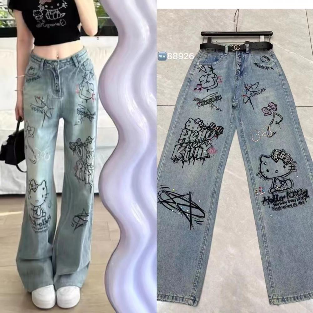 Sanrio Hello Kitty Baumwolljeans, Cartoon-Komfort, lockere Hose mit weitem Bein, niedliche Originalität, weiche Hose mit geradem Bein, süßes Mädchen-Geschenk