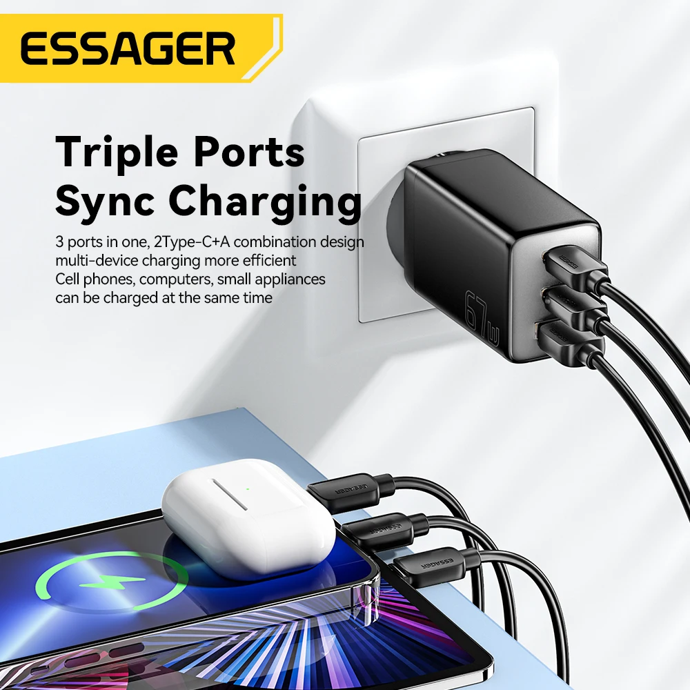 Essager 67W GaN USB Type C Charger PPS 65W Fast Charge For Samsung QC 4.0 PD 3.0 iPhone 15 14 13 Pro Huawei Phone Laptop Chagers
