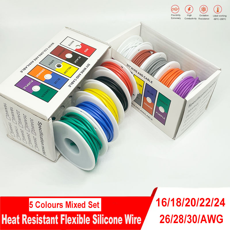 Жаростойкий гибкий силиконовый провод 30AWG 28AWG 26AWG 24 22 20AWG 18AWG 16AWG Многожильный луженый медный провод, набор из 5 цветов