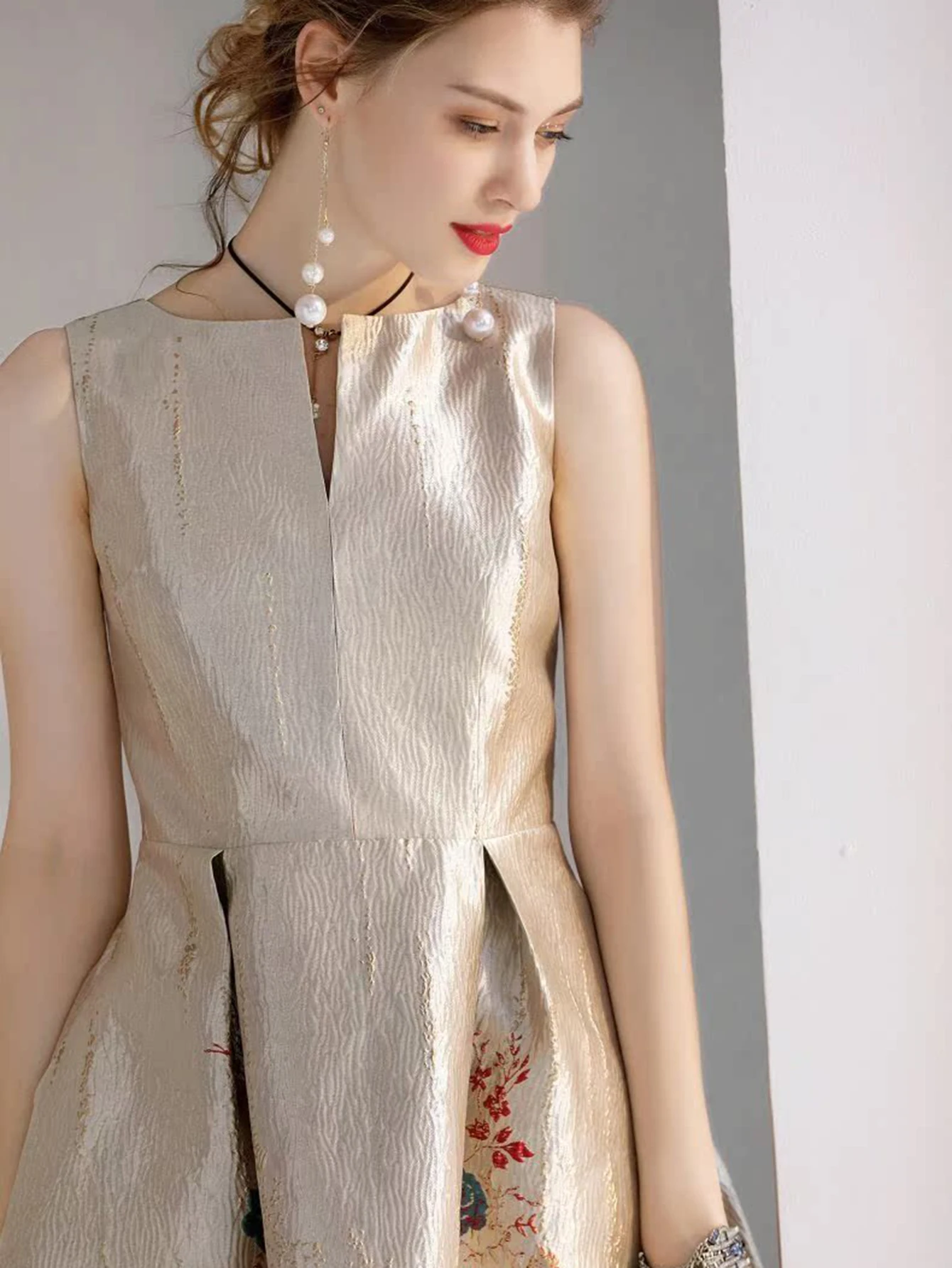 Devchata-女性のための高級ジャカードボールガウン,高品質のノースリーブ服,カジュアルなミディドレス,夏