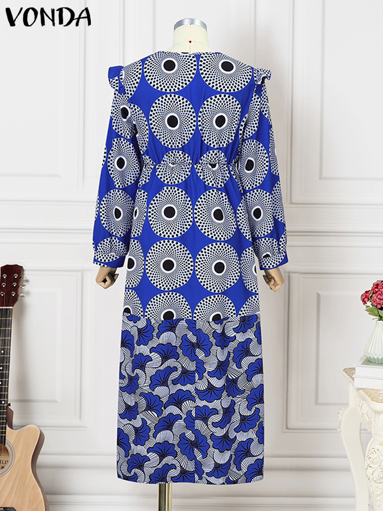 プラスサイズ 5XL VONDA ボヘミアンプリントロングドレス女性ロングランタンスリーブ Vestidos エレガントな V ネックサンドレスホリデーローブファム