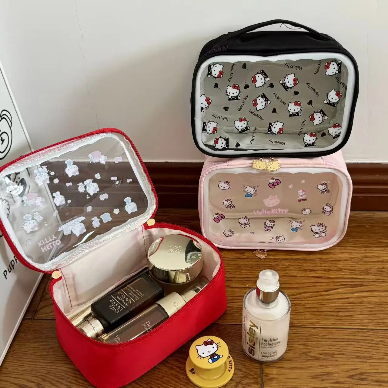 Bolsa de maquillaje de gato lindo, bolsa de aseo de viaje de gran capacidad, organizador de cosméticos, estuche de transporte