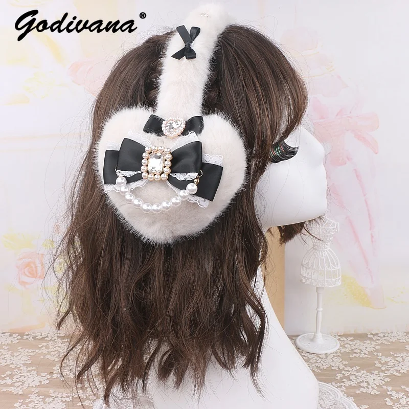 Handmade ญี่ปุ่น Sweet Mine Hairy Rhinestone Big Love Bow Earmuffs อบอุ่น Lolita สาวหวาน Earmuffs