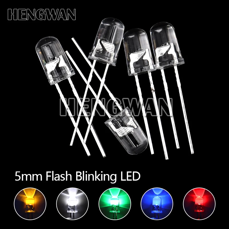 50 Uds 5mm blanco verde rojo azul amarillo diodo emisor de luz intermitente automático Control de Flash LED parpadeante 5 mm 1,5 HZ