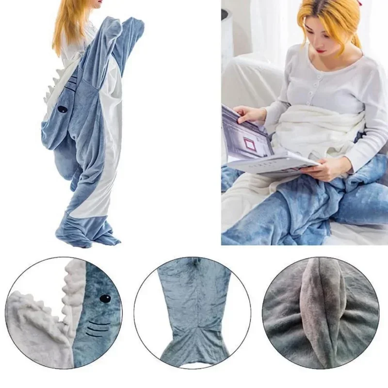 การ์ตูน Shark ผ้าห่มลายสก๊อตผู้หญิงชุดนอนถุงนอน Robe Shark ผ้าห่ม Megalodon ชุดผู้ใหญ่ Homewear ลายสก๊อต Comfy เสื้อคลุมอาบน้ํา