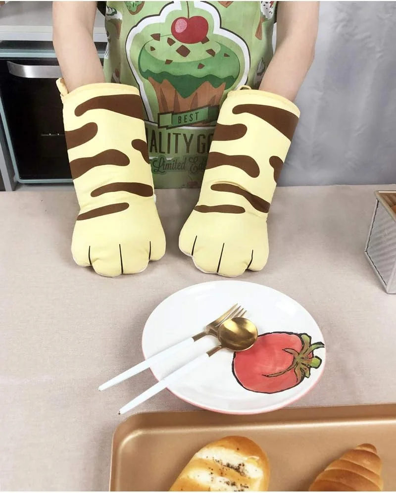 ผ้าฝ้ายหนาเตาอบ Mitts Cat PAW Design ถุงมืออบความร้อนทนถุงมือทําอาหาร Potholder ตลกย่างไมโครเวฟ Mittens