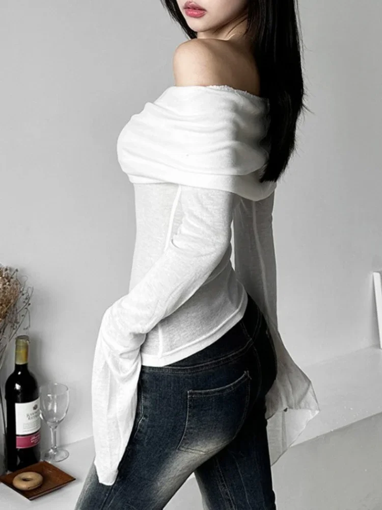 女性用長袖Tシャツ,カジュアルスタイル,ヴィンテージ,裸の肩,セクシー,半透明