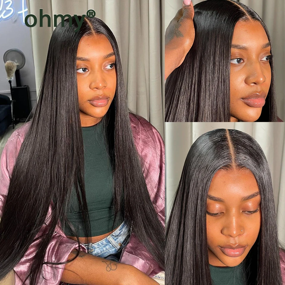 Ohmy 50g 4/5/6 pacotes de cabelo humano com fecho kim k 2x6 vietnã em linha reta transparente parte intermediária fechamento de renda e pacote completo
