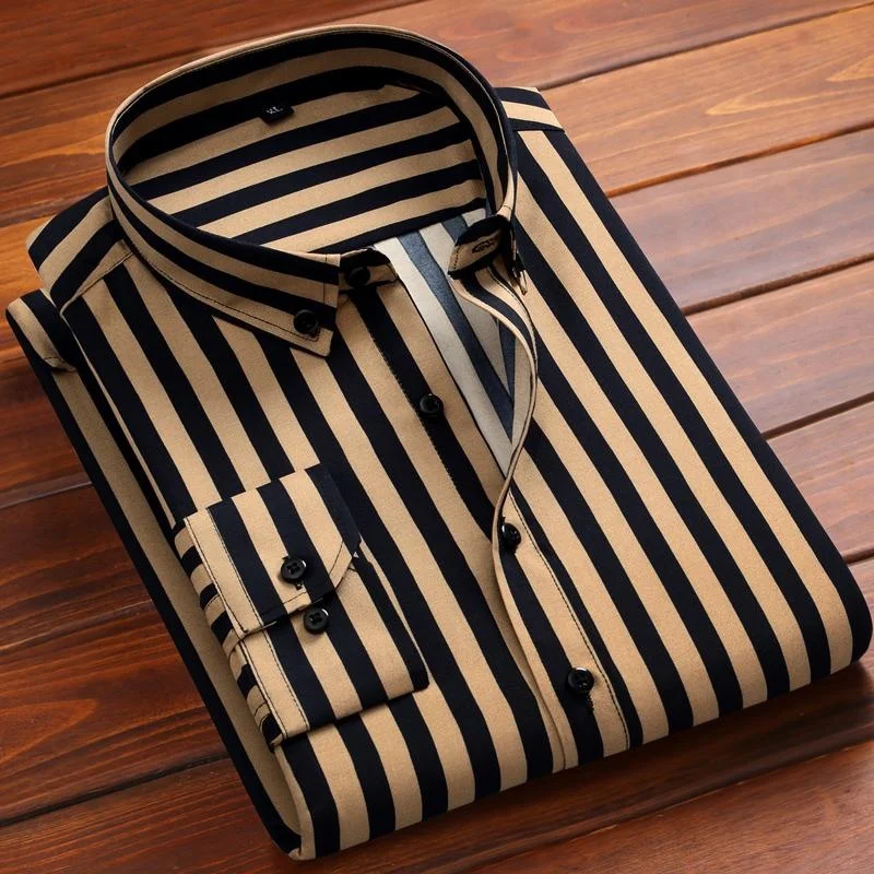 Spring Autumn Men's Long Sleeve Striped Shirt Casual Slim Fit Business Button-Down Shirts Classic Formal Dress Shirt