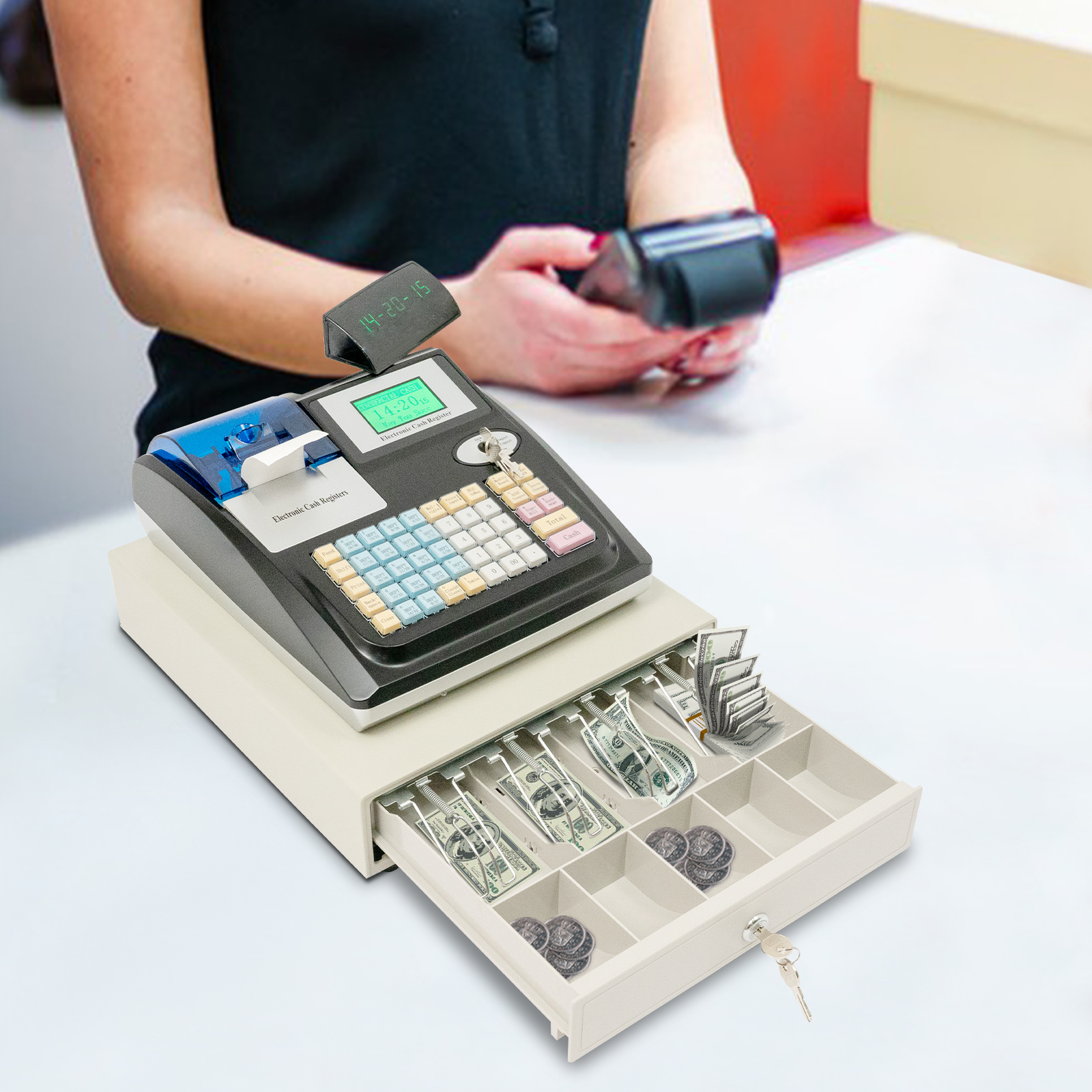 Sistema de caja registradora POS de 48 teclas con pantalla dual y validador de billetes - Caja registradora electrónica para tienda de restaurantes minoristas