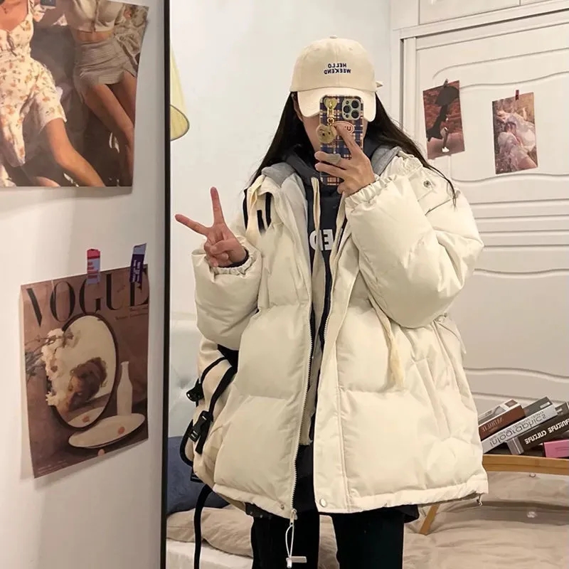 Inverno jaqueta curta mulher parkas 2025 grosso quente emendado com capuz parka oversized moda coreana solto algodão acolchoado outerwear