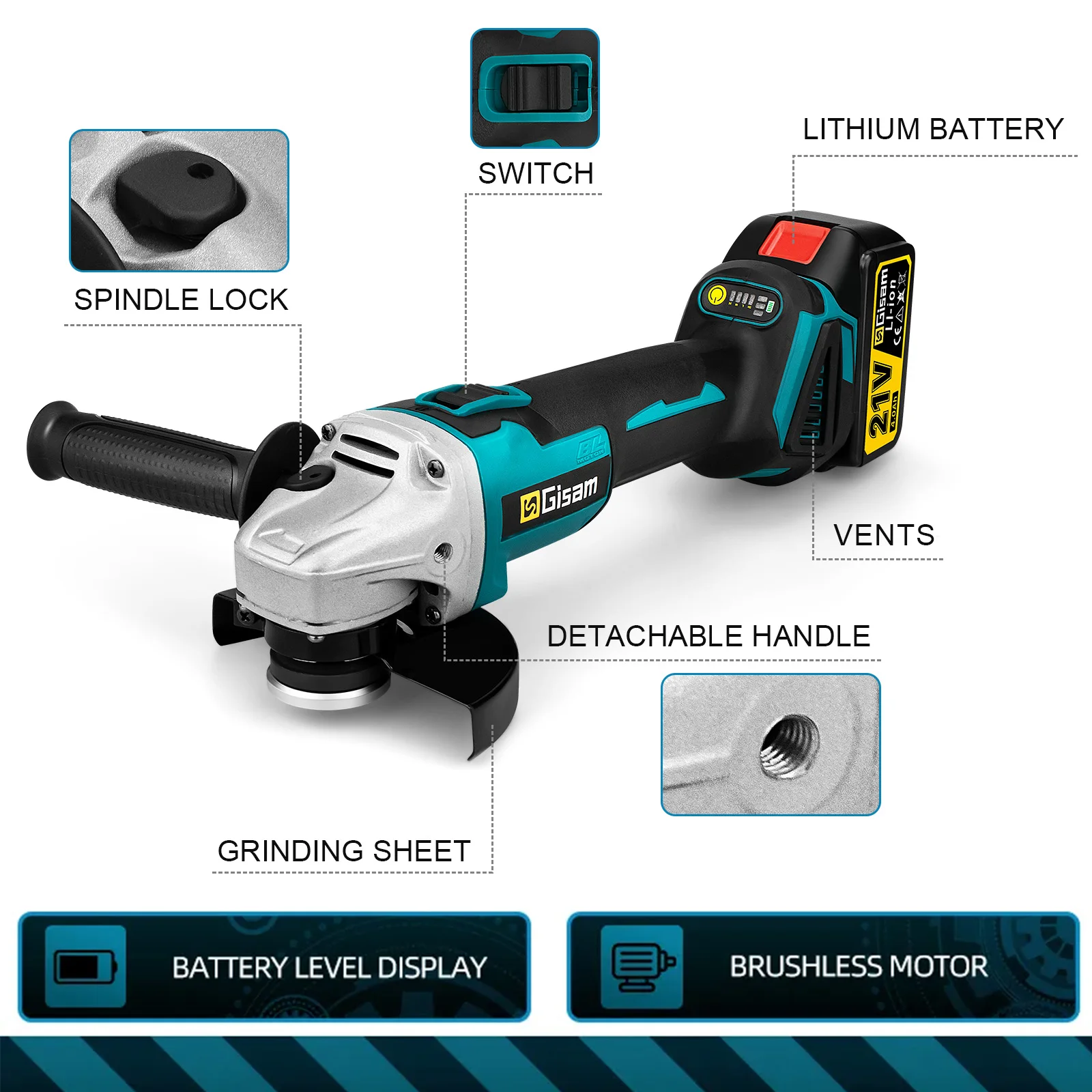 Gismo 125mm 4 engrenagens sem escova ângulo moedor sem fio moagem polimento máquina de corte ferramentas elétricas para makita 18v bateria pino