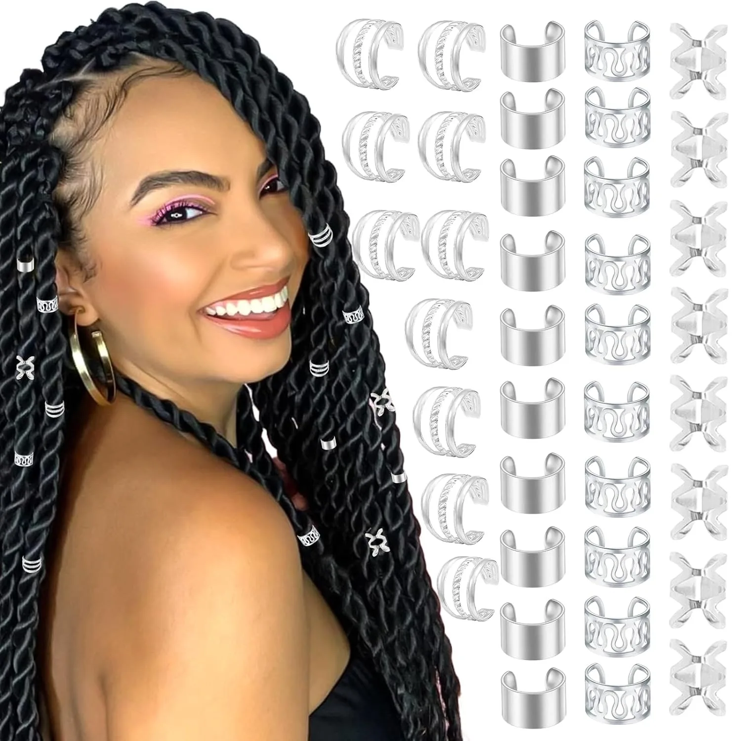 40PCS เครื่องประดับผมสําหรับ Braids ทองผม Cuffs หลายสไตล์แหวนปรับลูกปัดสําหรับ Braid Loc Dreadlock อุปกรณ์เสริม