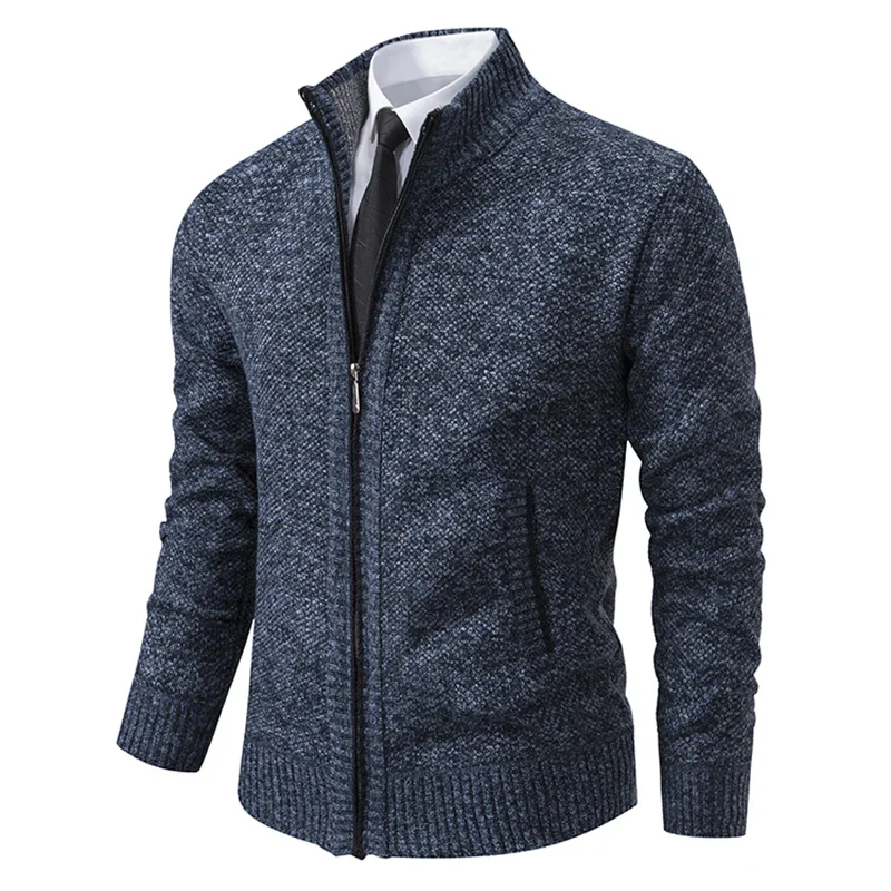 Autumn Winter Men's Casual Sweaters Solid Color Turtleneck Sweater Cardigan Fleece Zipper Cardigan Knit Jackets