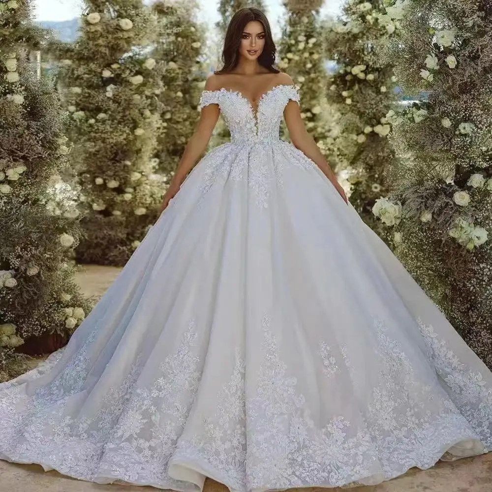 2025 angepasst Neue Exquisite V-ausschnitt Lange Zug Kurzarm Spitze Hochzeit Kleid Vestido de novia Vestido de noiva