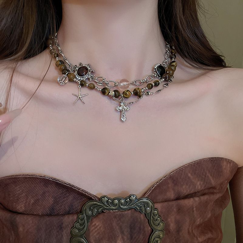 Collar de doble capa con Cruz de estrella de mar, cadena de cuello de moda, diseño creativo personalizado, piedra de ojo de tigre