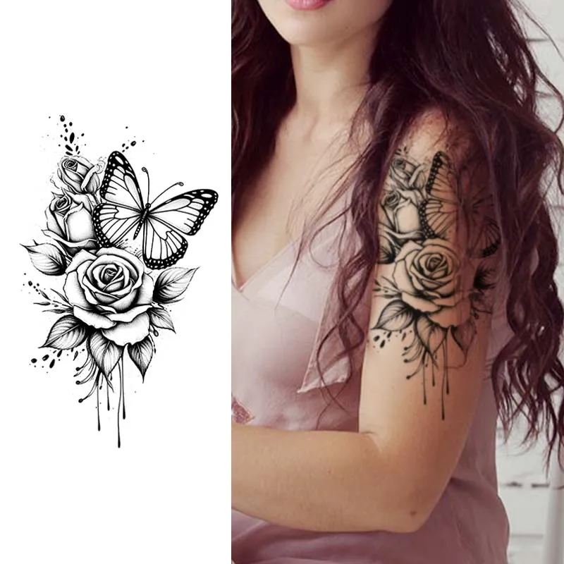 Schmetterling und Rose wasserdichtes temporäres Tattoo für Arm und Bein, langlebiges, realistisches Fake-Tattoo für Männer und Frauen