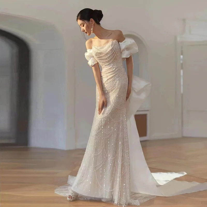 2025 elegante brilhante feminino vestidos de noite high end pérolas lantejoulas com arco baile de formatura vestidos de festa de aniversário formal robes de soirée